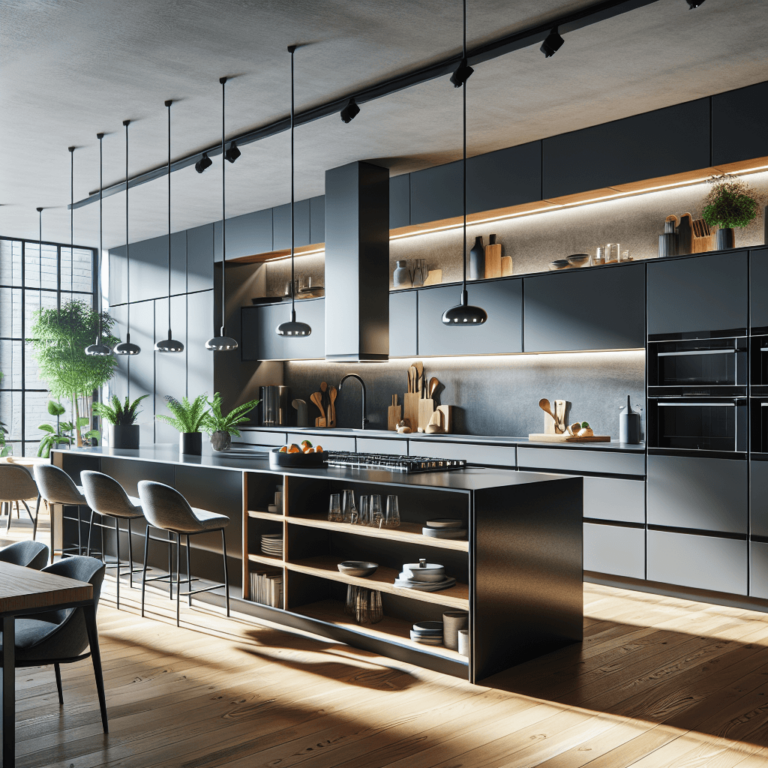 anthrazitfarbene Küche mit Stahlakzenten-München