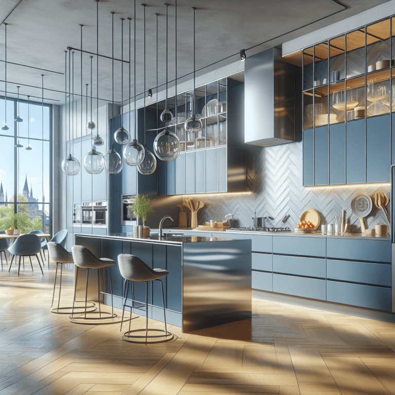 blaue Küche mit Stahlakzenten-München