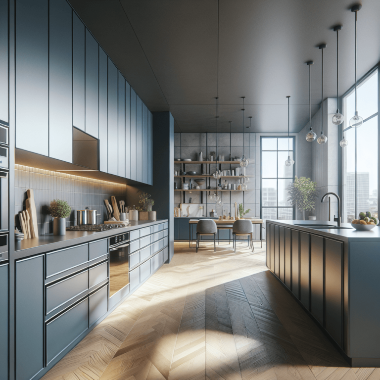 blaugraue Küche mit Stahlakzenten-München