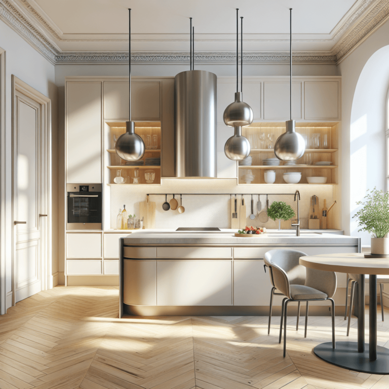 cremefarbene Küche mit Stahlakzenten-München