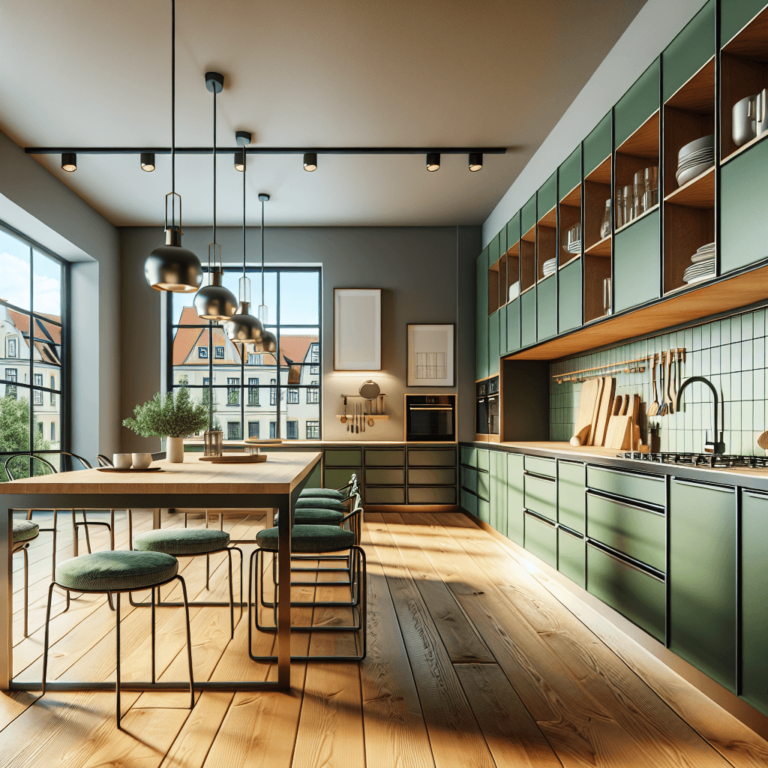grüne Küche mit Stahlakzenten-München